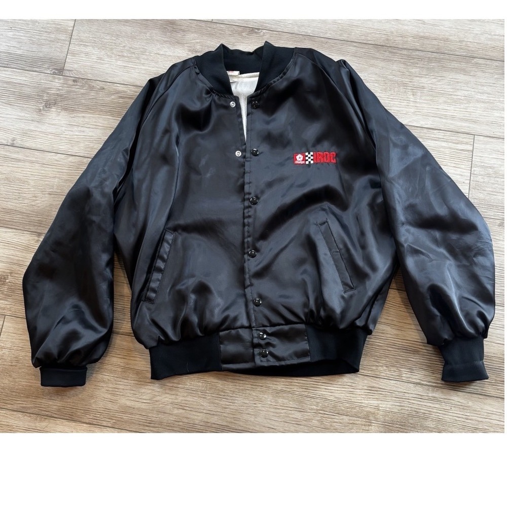 VTG XL Satin Finish Dodge IROC Promotional Snap Button Bomber Jacket Made-USA